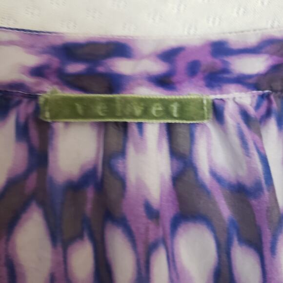 Velvet Brand Women’s 100% Silk Purple Printed Peasant Blouse Tunic Boho‎ Med - Picture 9 of 11